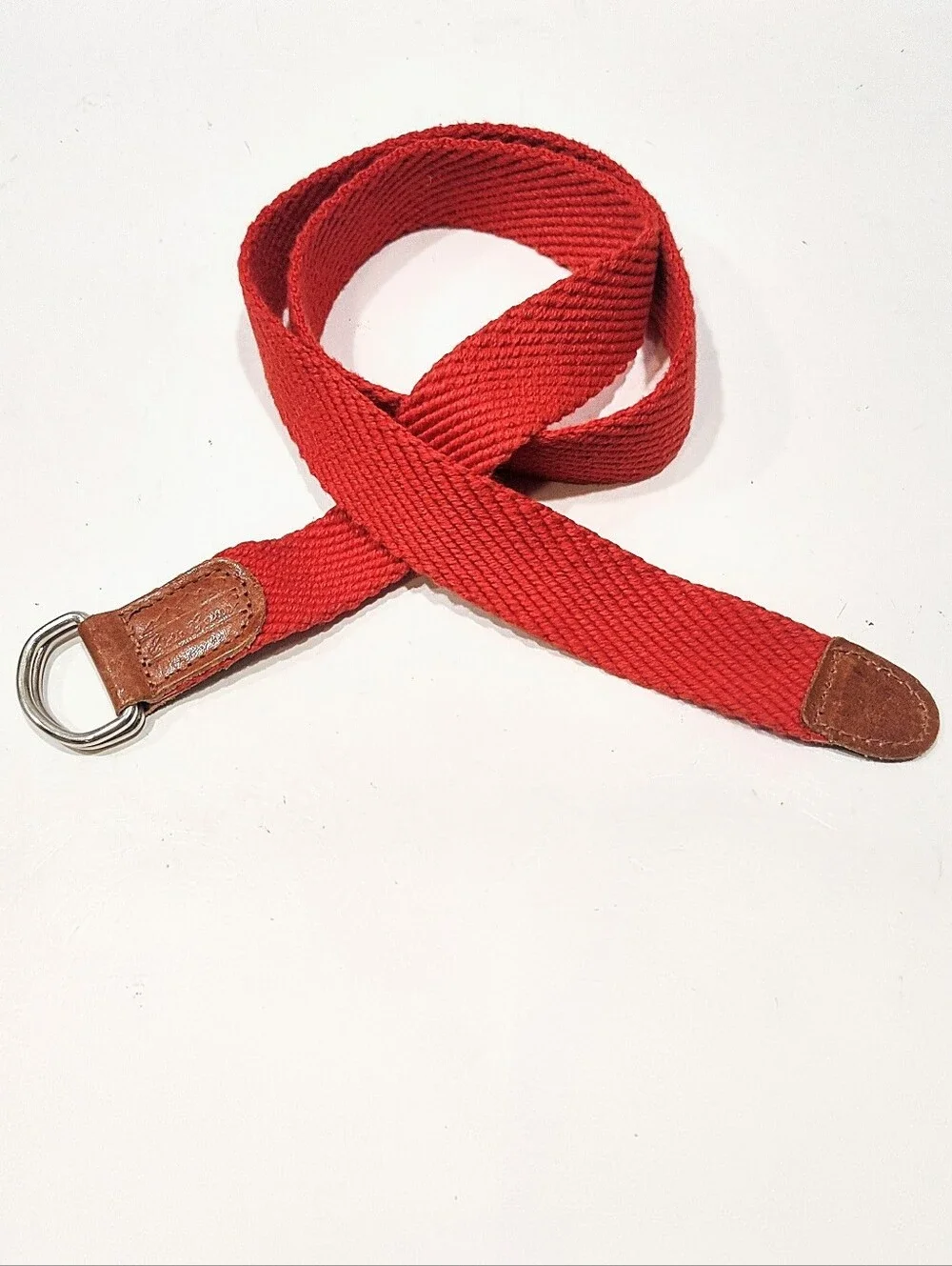 Edde Bauer Womens M Red Woven Belt Leather Tabs Silver D-Rings Buckle Braided